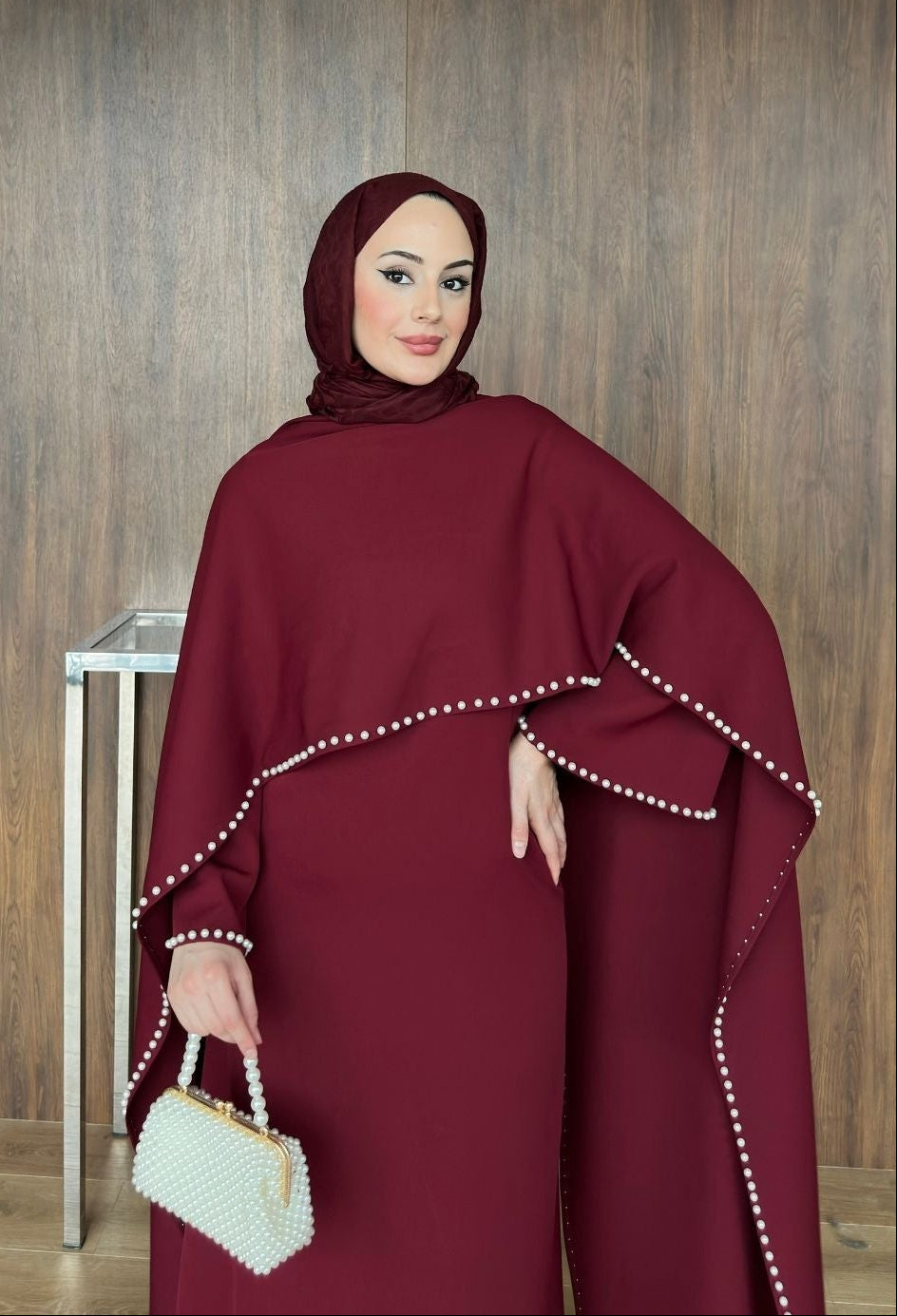 Viona İnci Detaylı Abiye Bordo