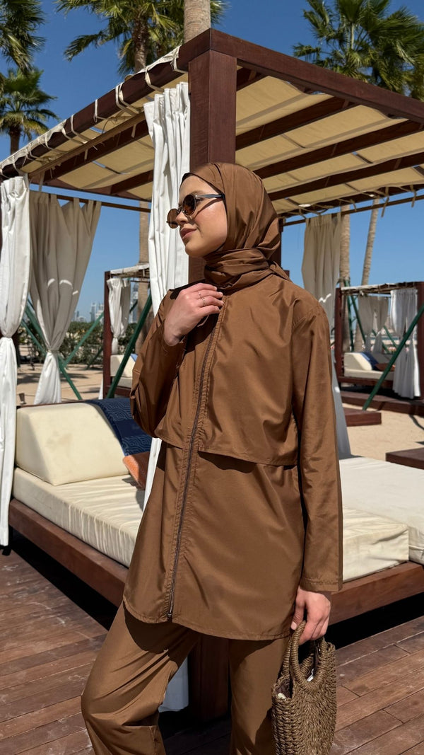 Doha Paraşüt Kumaş 3'lü Tam Kapalı Tesettür Mayo Kahverengi