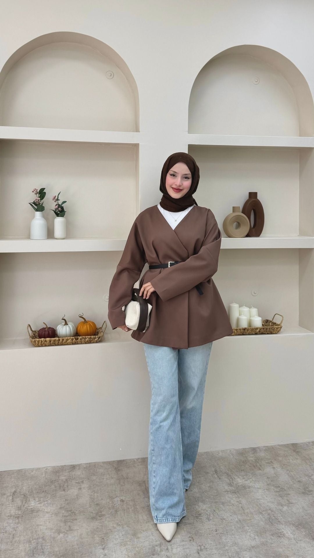 Kruvaze Yaka Kemerli Blazer Ceket Kahverengi