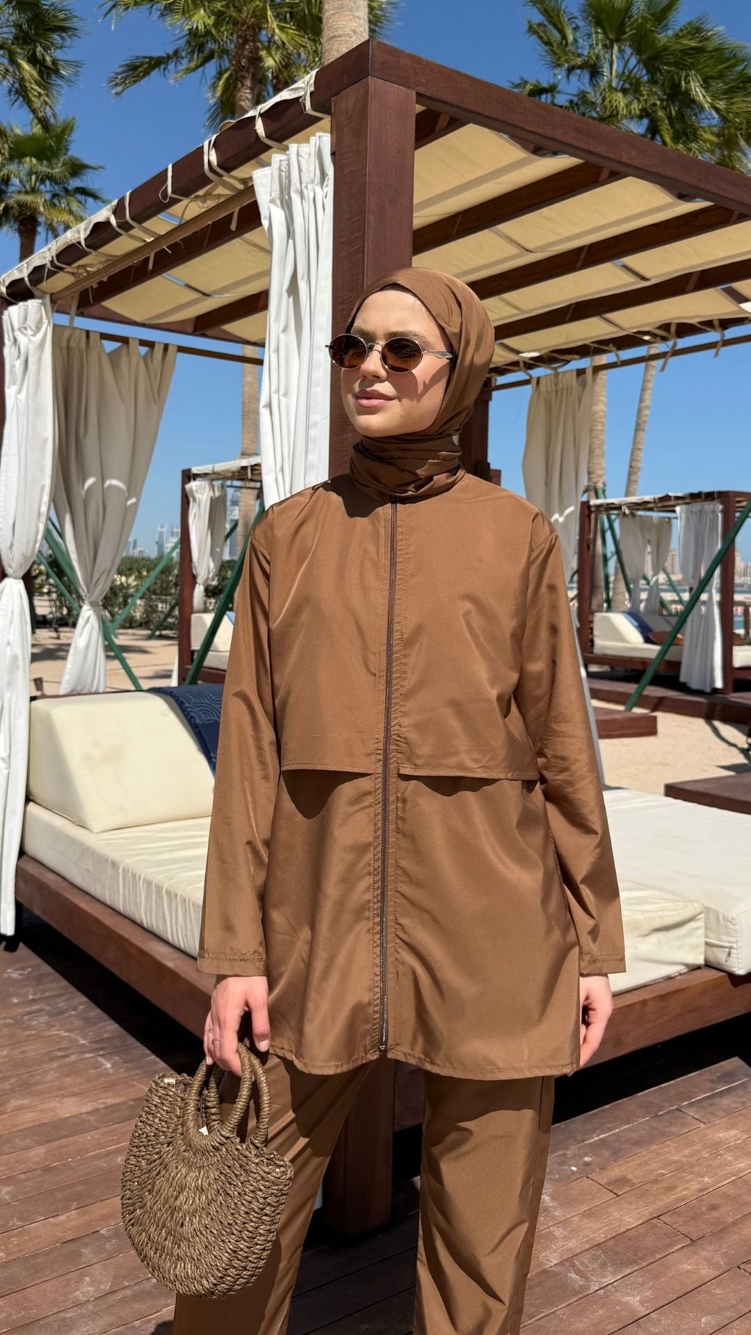 Doha Paraşüt Kumaş 3'lü Tam Kapalı Tesettür Mayo Kahverengi