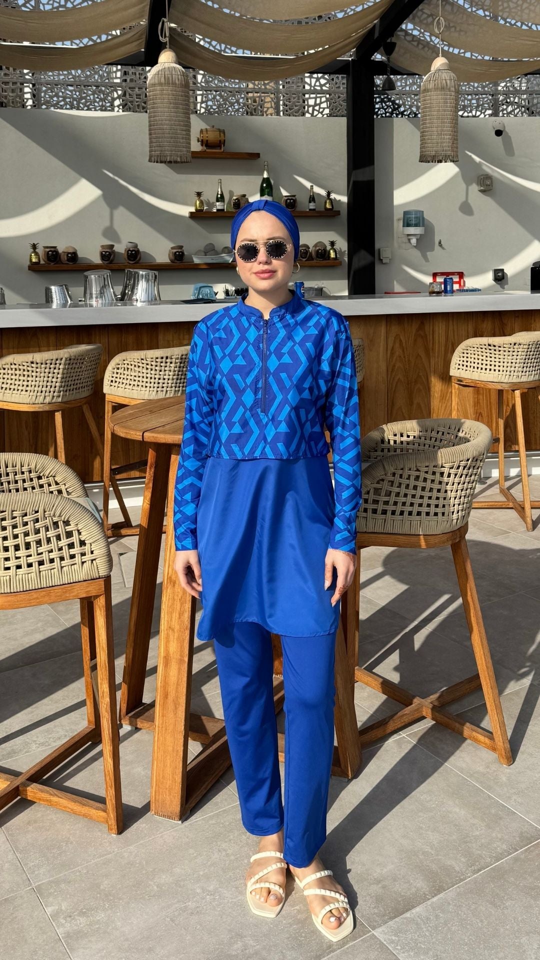 Yarım Dijital Baskılı Tesettür Mayo Renk - Mavi Üçgen Desen 2