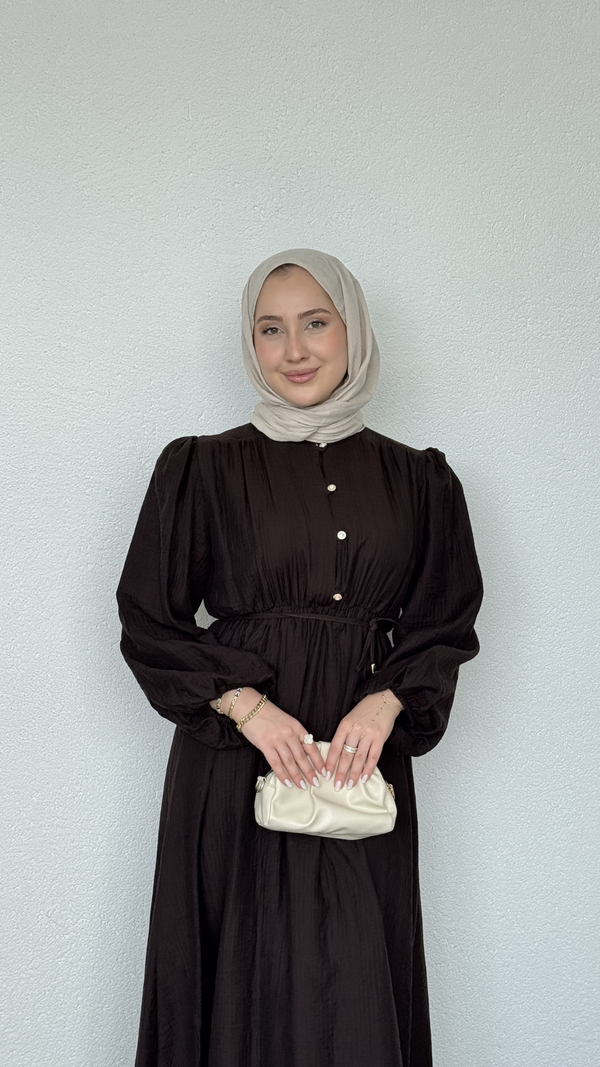 Beli Lastikli Yazlık Elbise Kahverengi