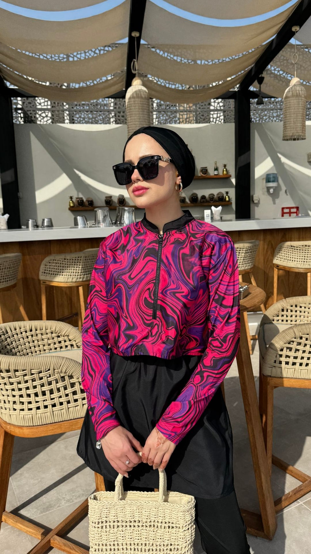 Yarım Dijital Baskılı Tesettür Mayo Renk - Siyah-Pembe Desen 2