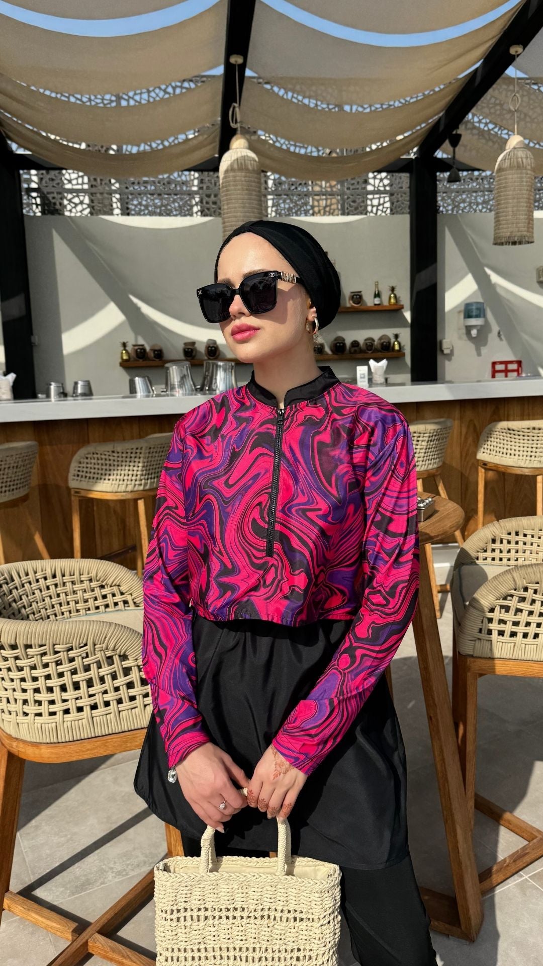 Yarım Dijital Baskılı Tesettür Mayo Renk - Siyah-Pembe Desen 2