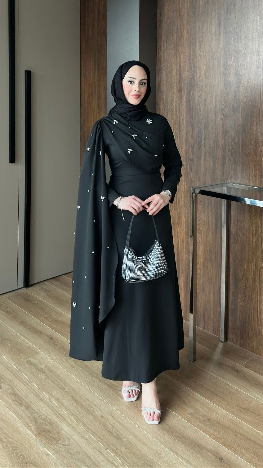Linda Taş Detaylı Uzun Abiye Siyah