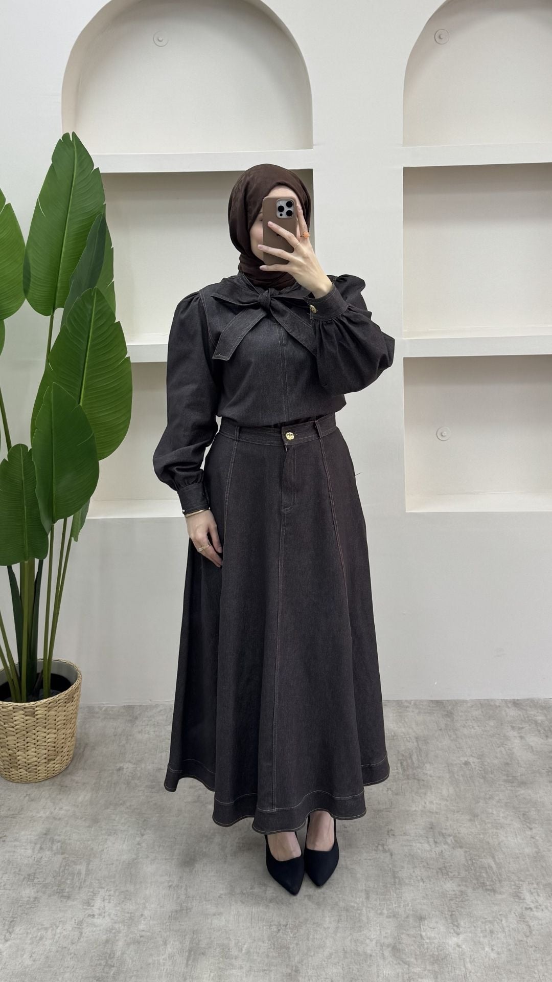 Fularlı Denim Takım Kahverengi