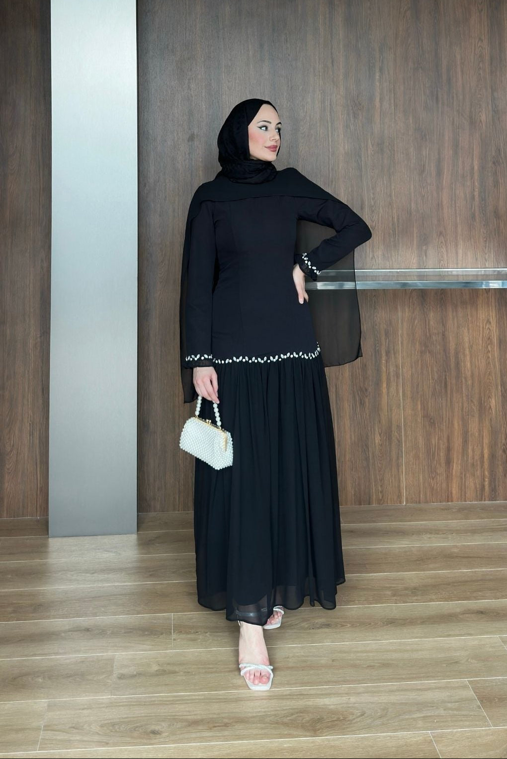 Pera Şifon Detaylı Abiye Siyah