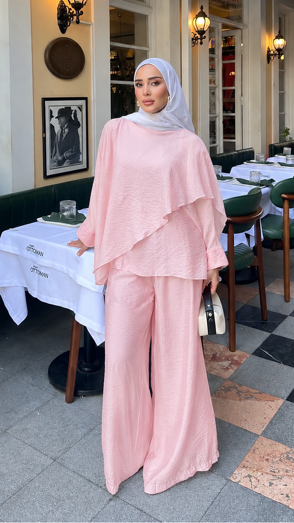 Hüma Asimetrik Katlı İkili Takım Pembe
