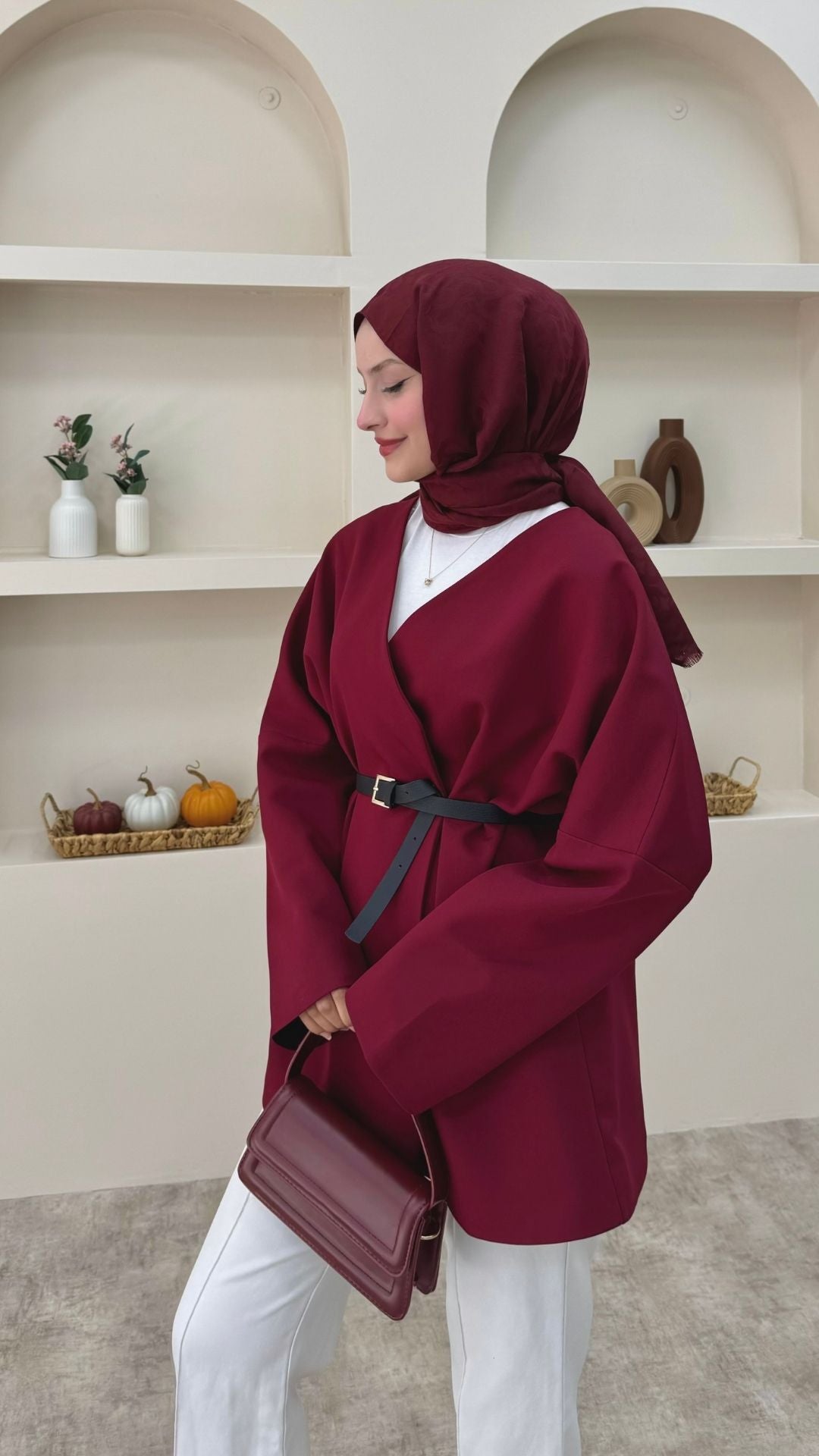 Kruvaze Yaka Kemerli Blazer Ceket Bordo