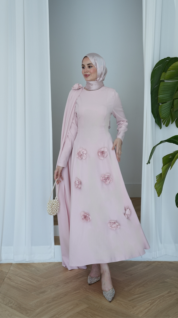 Seyyar Güllü Pelerinli Abiye Pembe