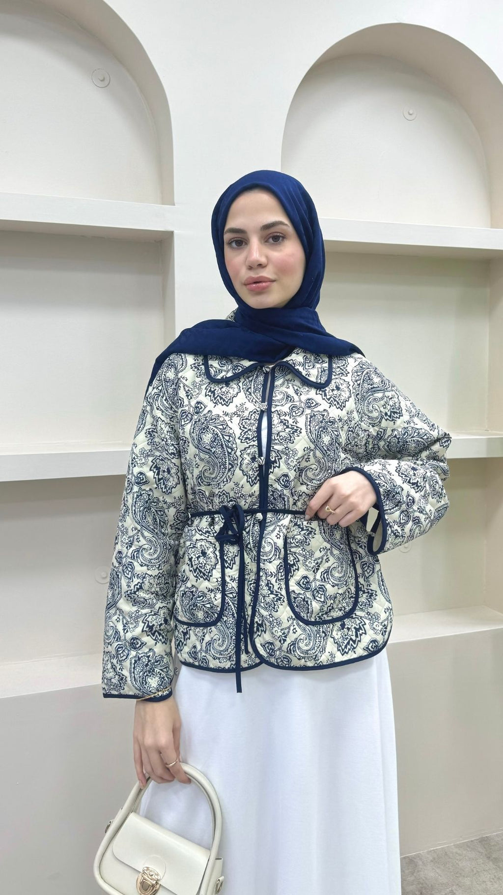 Bağlamalı Etnik Desen Kısa Ceket Lacivert