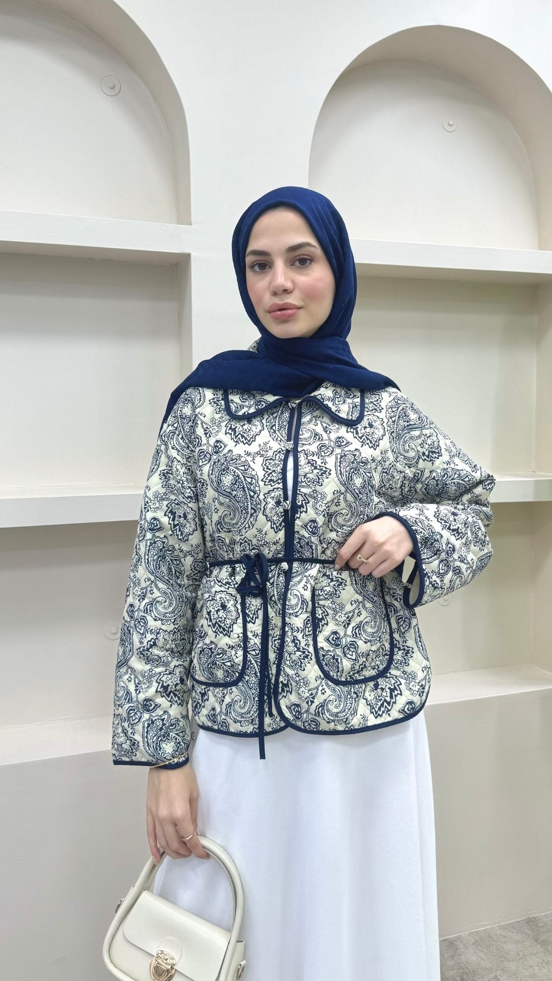 Bağlamalı Etnik Desen Kısa Ceket Lacivert