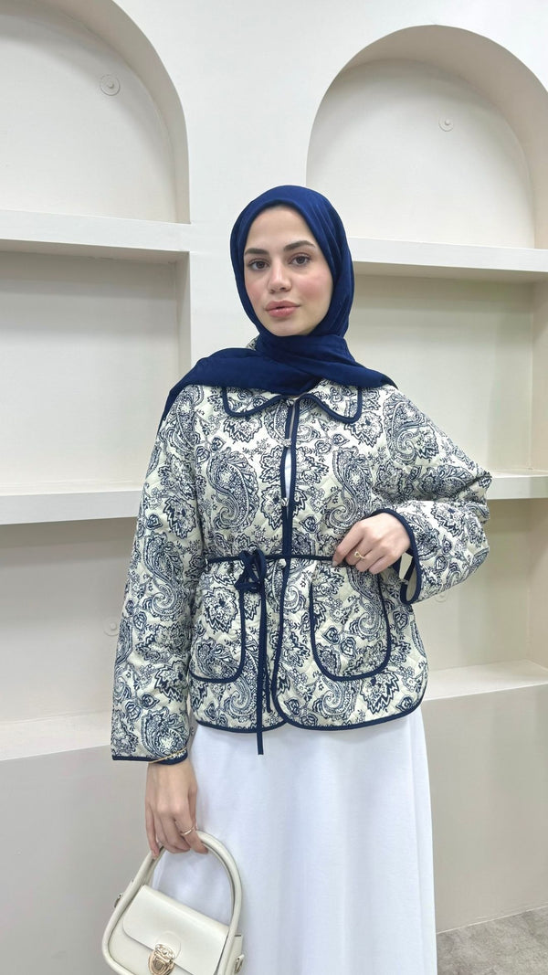 Bağlamalı Etnik Desen Kısa Ceket Lacivert