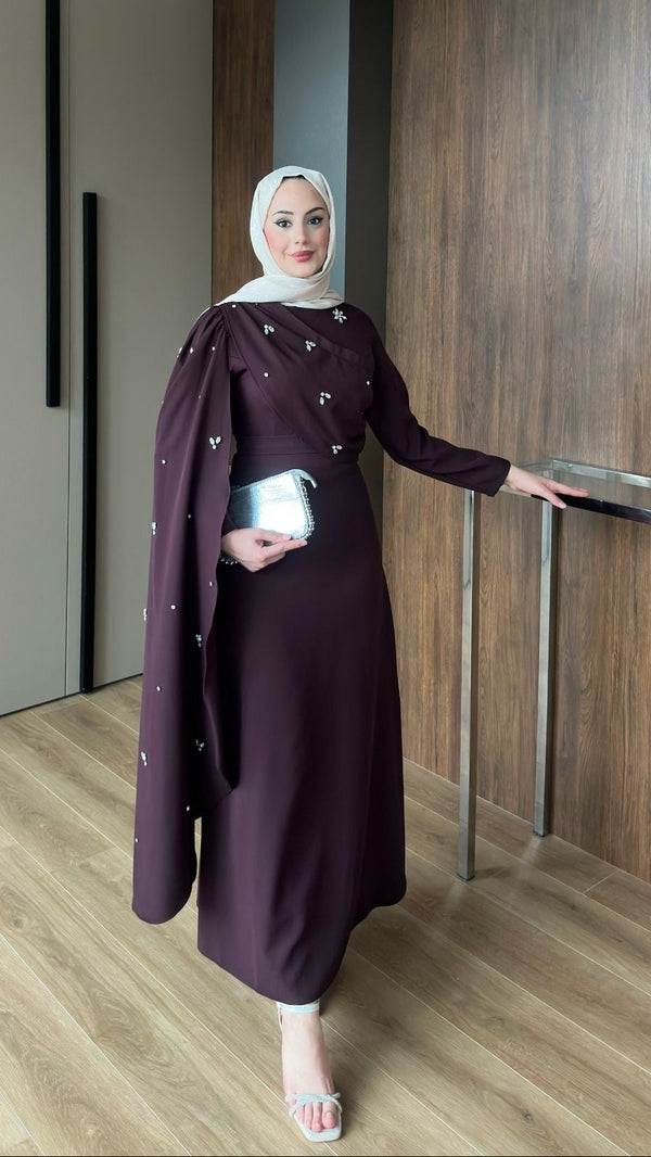 Linda Taş Detaylı Uzun Abiye Mürdüm
