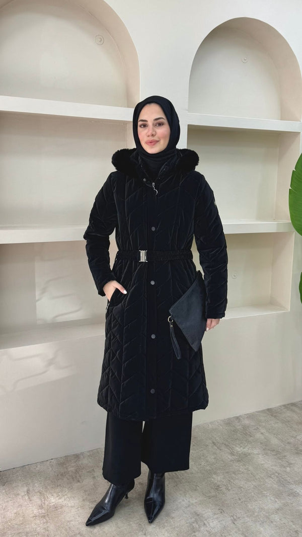 Yakası Kürklü Premium Kapitone Mont Siyah