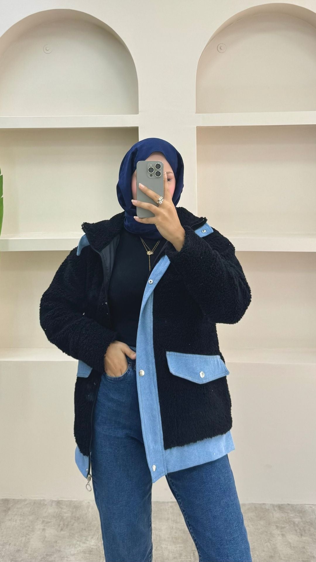 Kot Detaylı Peluş Ceket Siyah