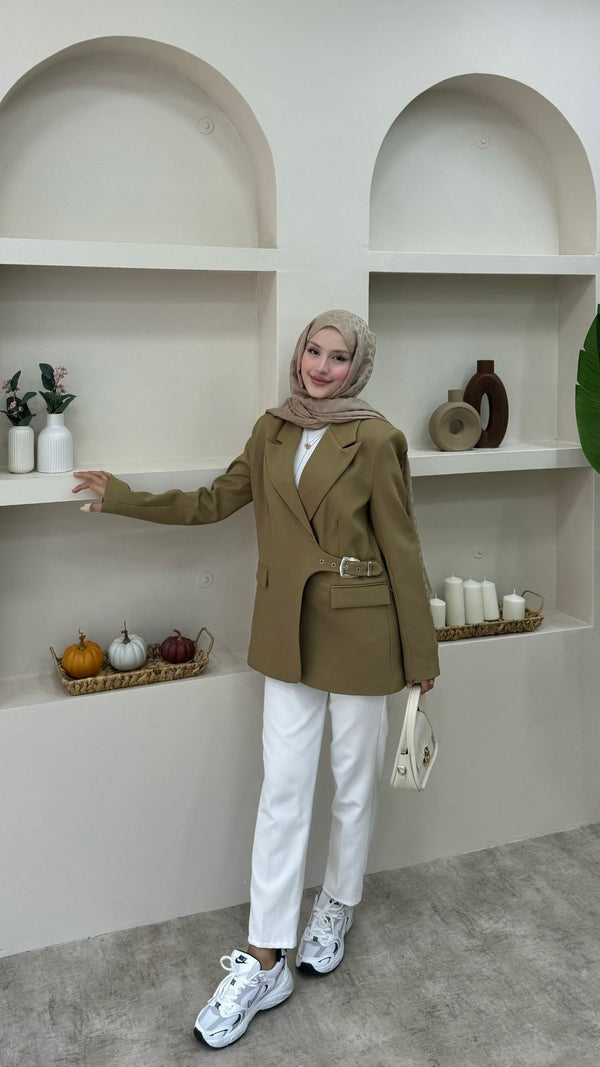 Yandan Kemer Detaylı Blazer Ceket Yağ Yeşili