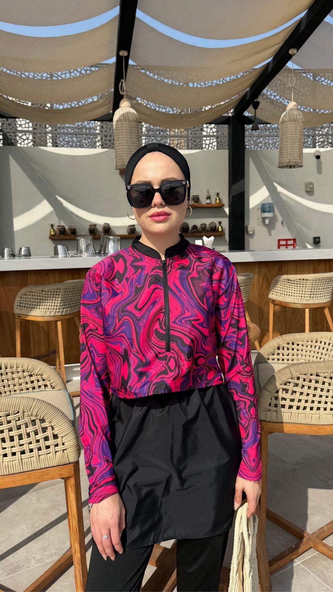 Yarım Dijital Baskılı Tesettür Mayo Renk - Siyah-Pembe Desen 2