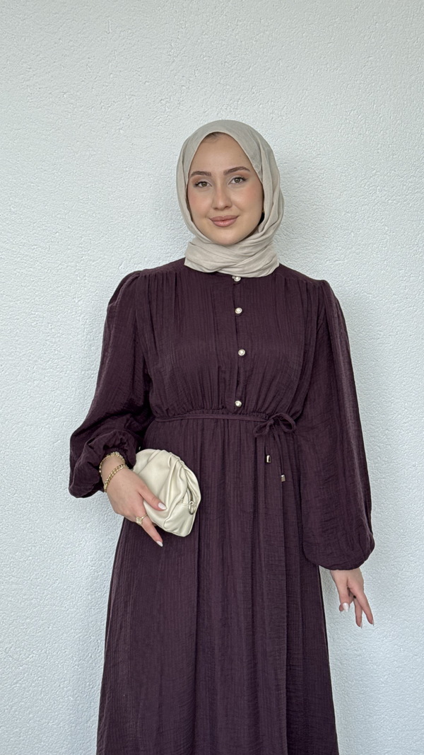 Beli Lastikli Yazlık Elbise Bordo