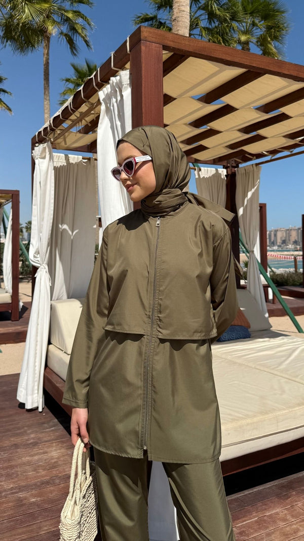 Doha Paraşüt Kumaş 3'lü Tam Kapalı Tesettür Mayo Haki