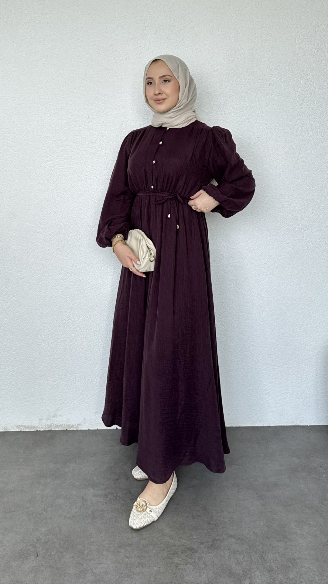 Beli Lastikli Yazlık Elbise Bordo