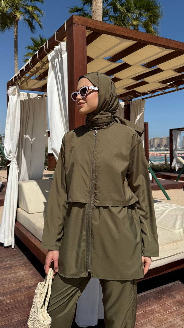 Doha Paraşüt Kumaş 3'lü Tam Kapalı Tesettür Mayo Haki