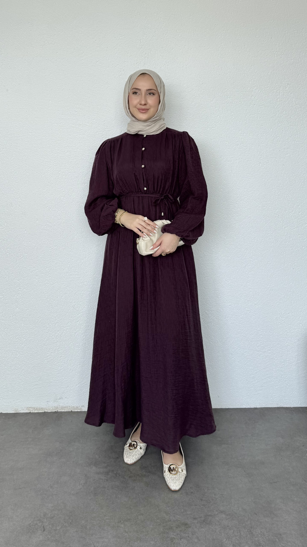 Beli Lastikli Yazlık Elbise Bordo