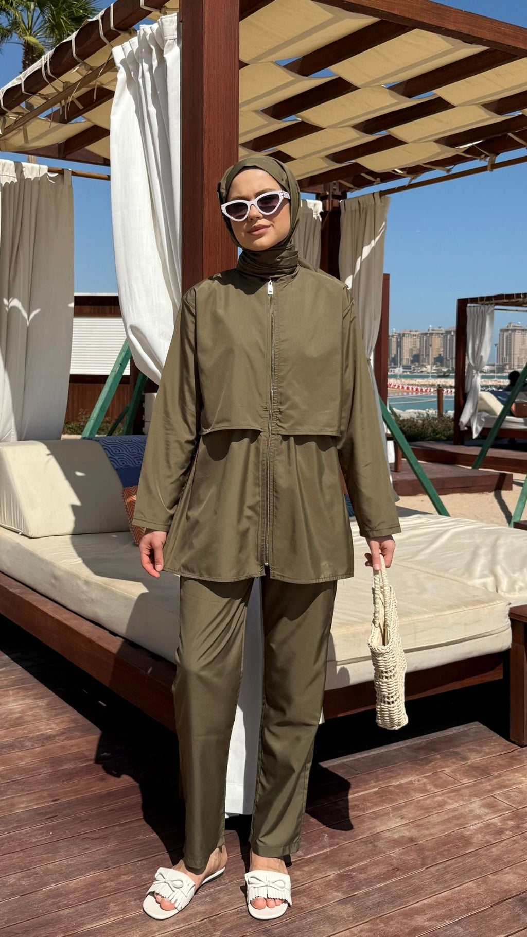 Doha Paraşüt Kumaş 3'lü Tam Kapalı Tesettür Mayo Haki