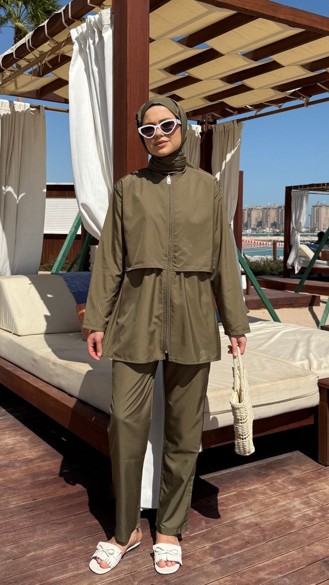 Doha Paraşüt Kumaş 3'lü Tam Kapalı Tesettür Mayo Haki