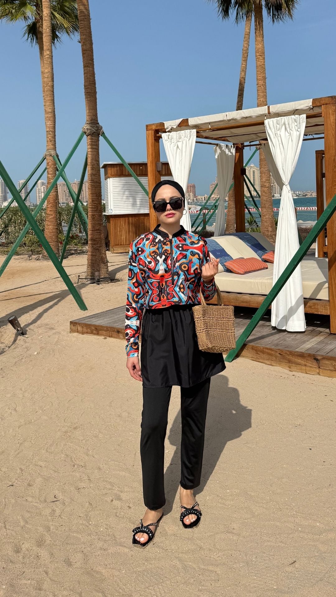 Yarım Dijital Baskılı Tesettür Mayo Renk - Siyah-Turuncu Desen 2