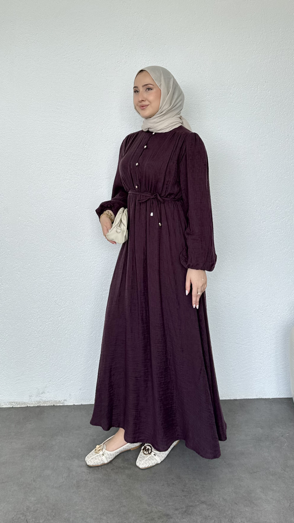 Beli Lastikli Yazlık Elbise Bordo