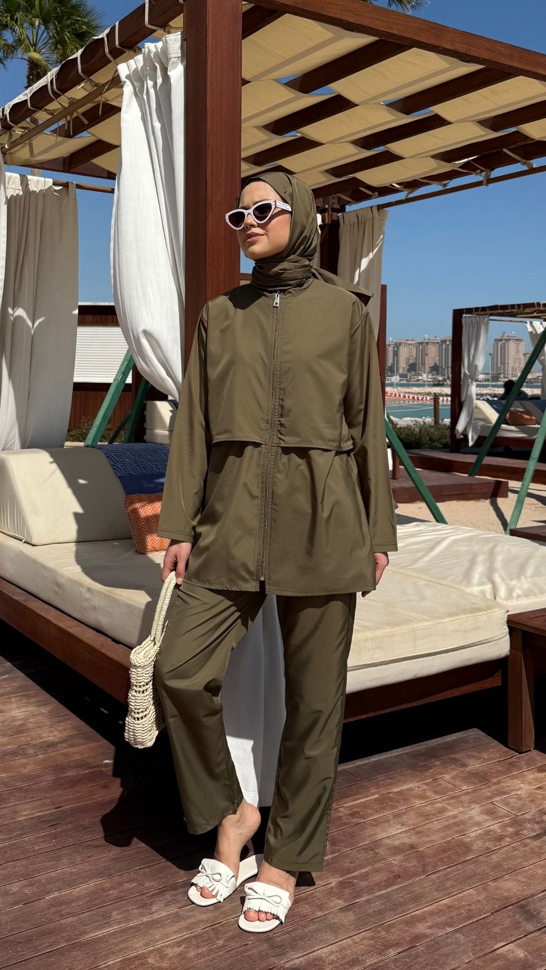 Doha Paraşüt Kumaş 3'lü Tam Kapalı Tesettür Mayo Haki