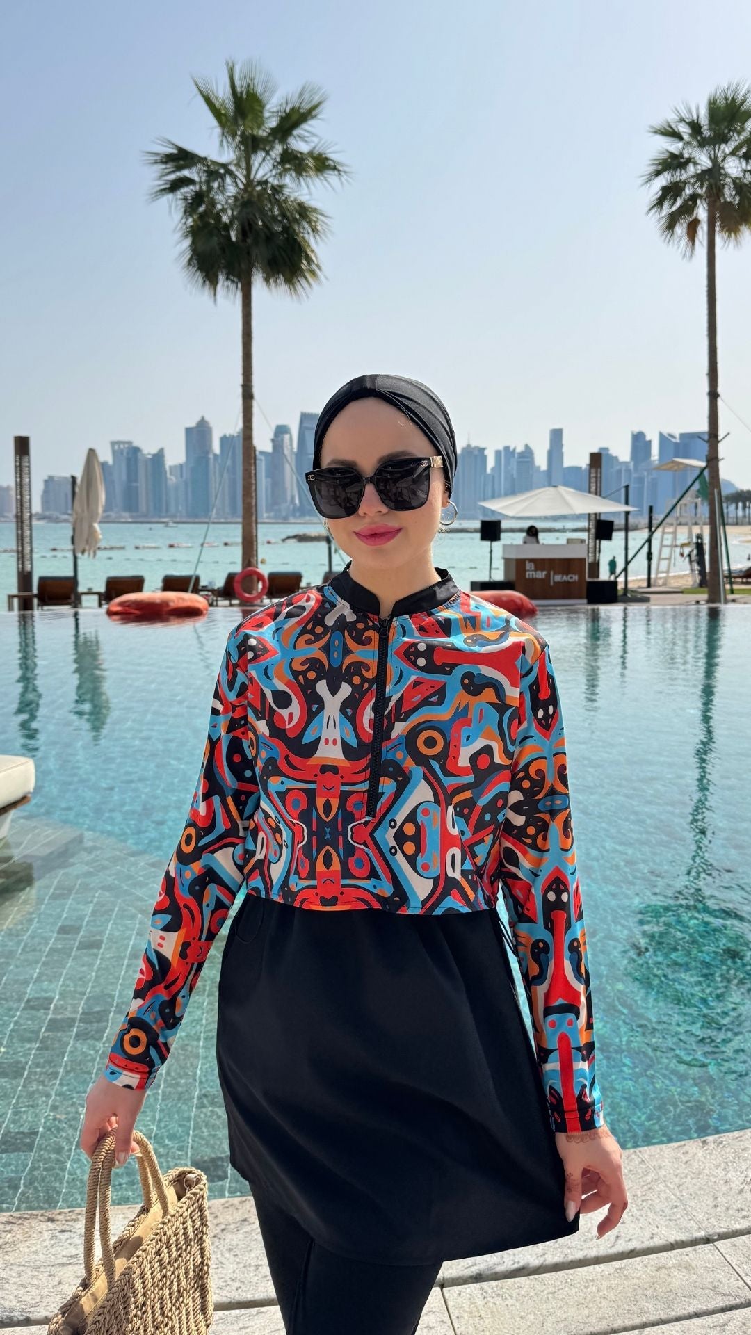 Yarım Dijital Baskılı Tesettür Mayo Renk - Siyah-Turuncu Desen 2