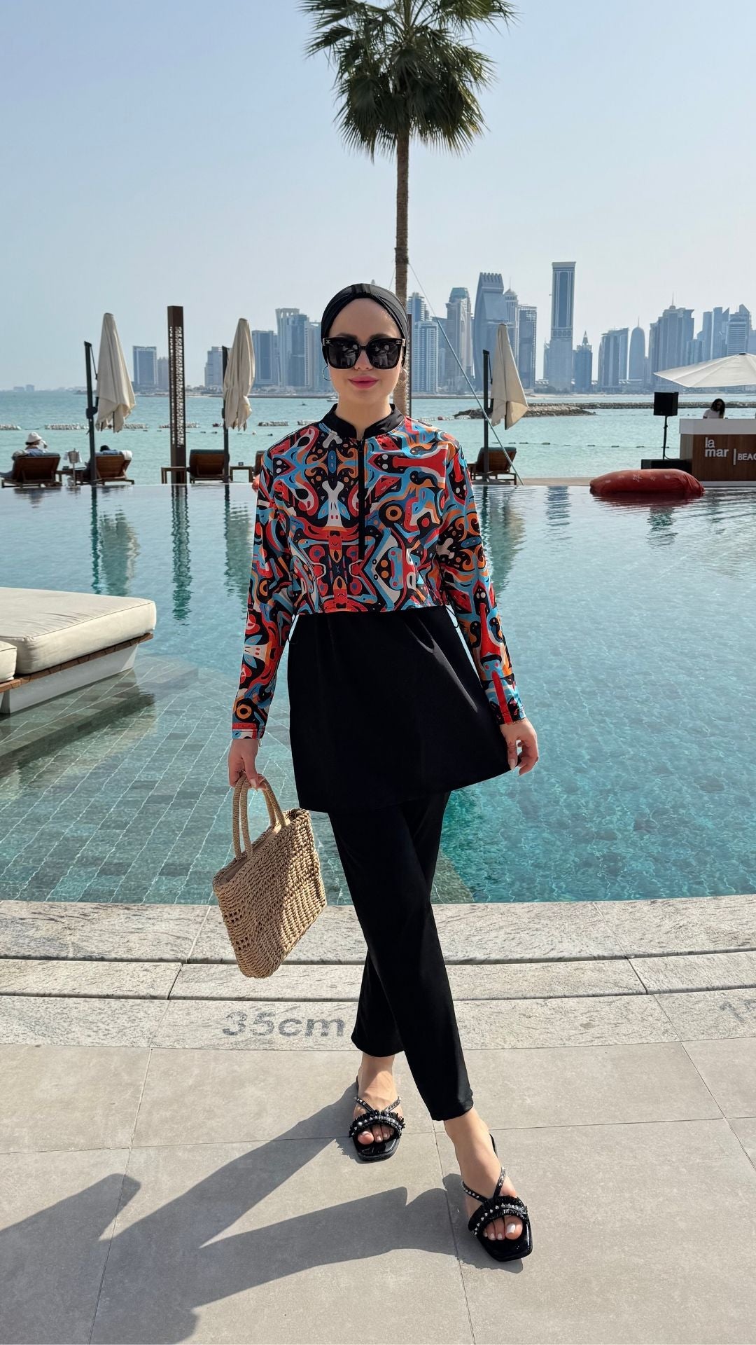 Yarım Dijital Baskılı Tesettür Mayo Renk - Siyah-Turuncu Desen 2