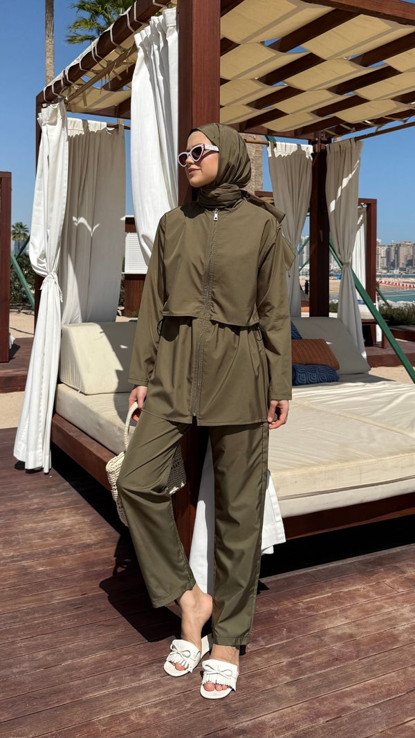 Doha Paraşüt Kumaş 3'lü Tam Kapalı Tesettür Mayo Haki
