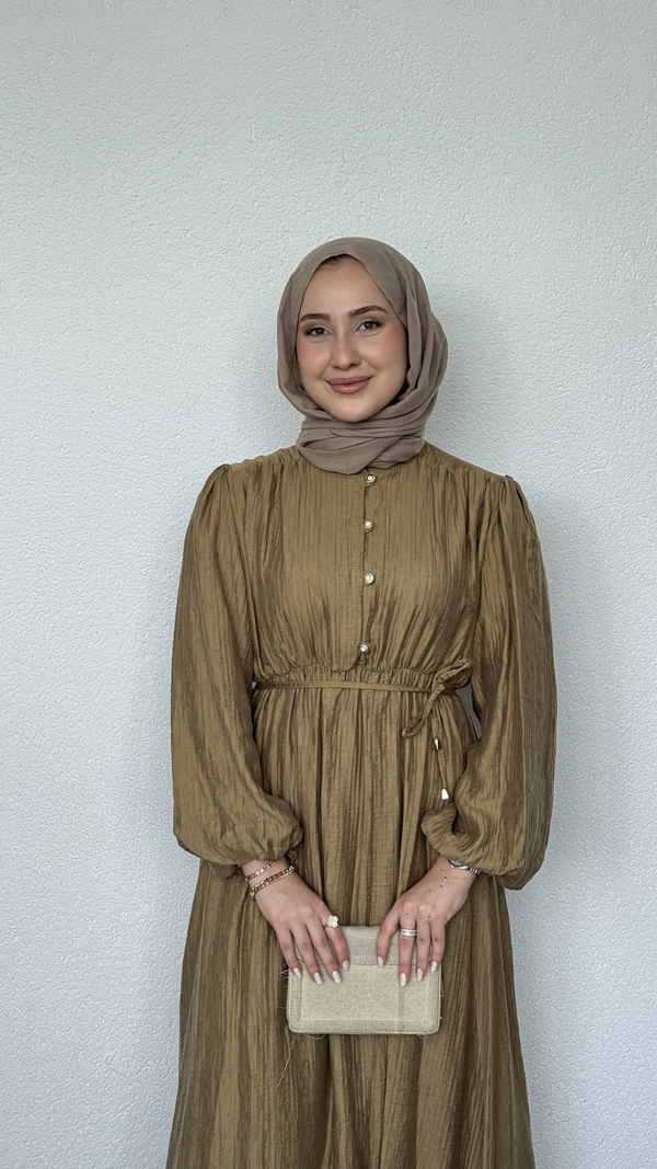 Beli Lastikli Yazlık Elbise Yağ Yeşili