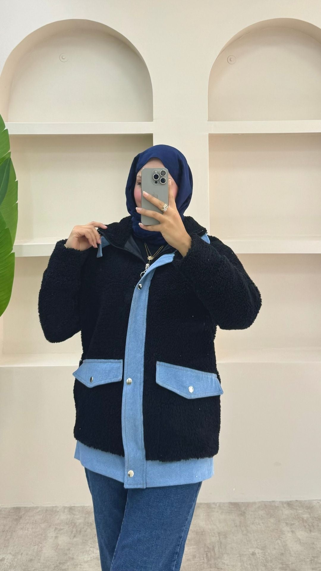 Kot Detaylı Peluş Ceket Siyah