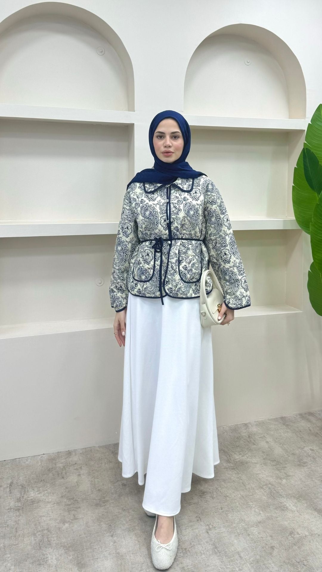 Bağlamalı Etnik Desen Kısa Ceket Lacivert