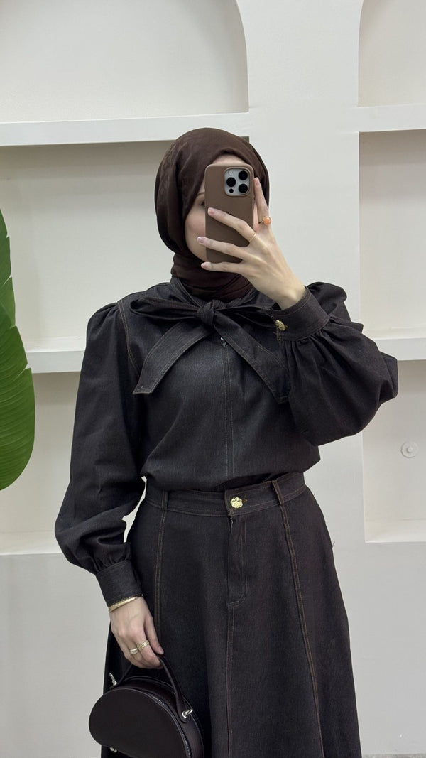 Fularlı Denim Takım Kahverengi
