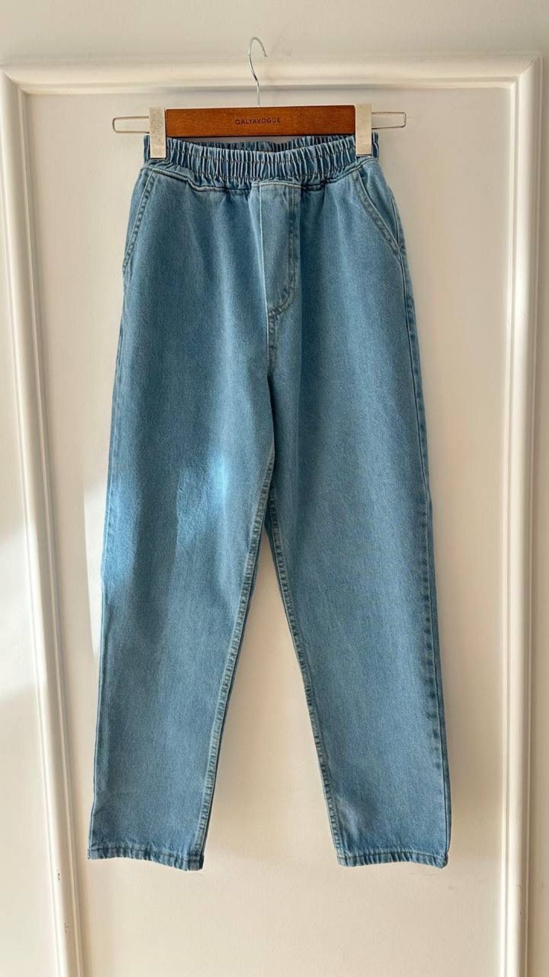 Beli Lastikli Geniş Kesim Mom Jeans Buz Mavisi