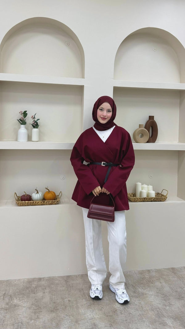 Kruvaze Yaka Kemerli Blazer Ceket Bordo