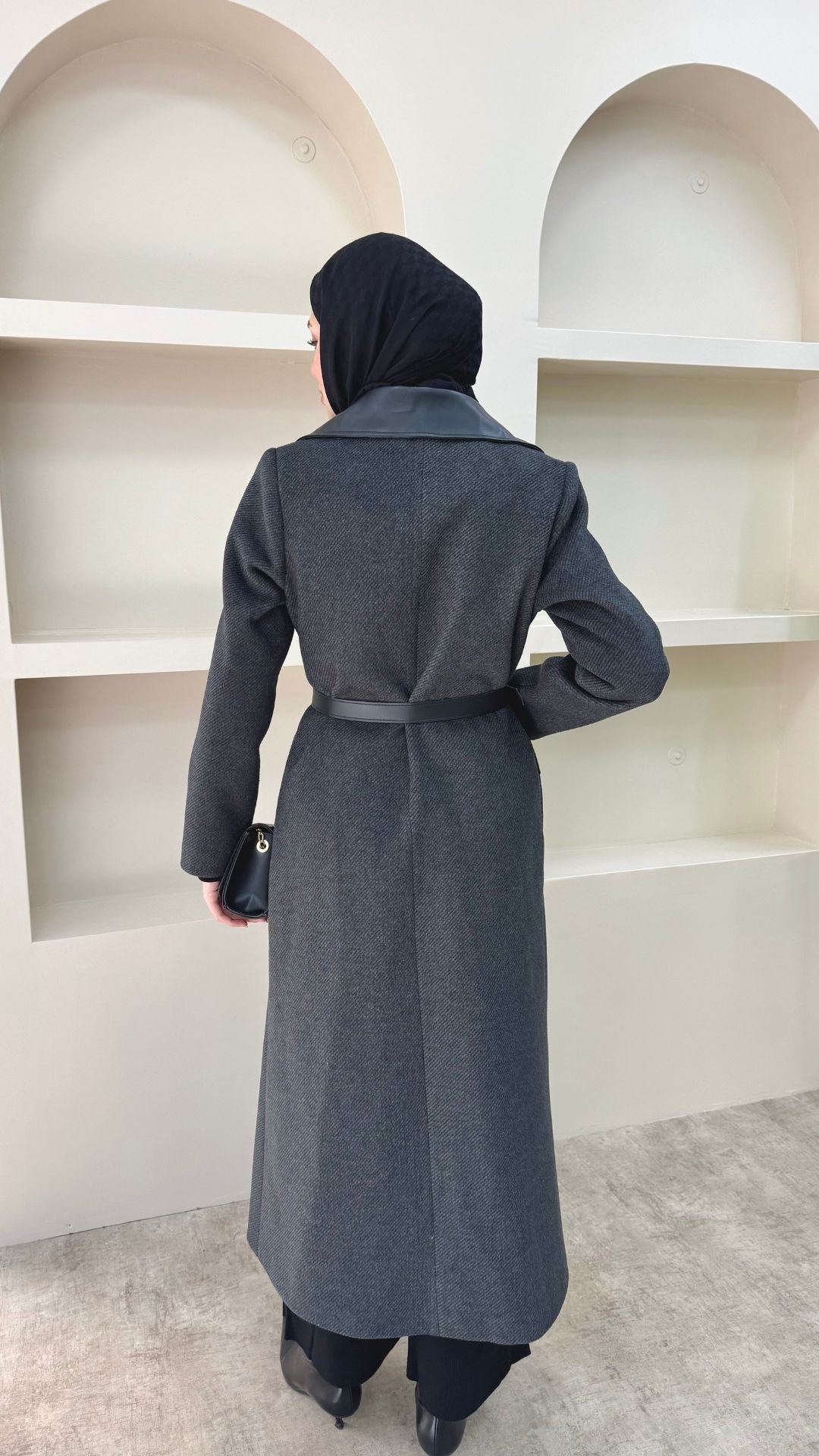 Deri Pelerinli Premium Kaşe Kaban Siyah