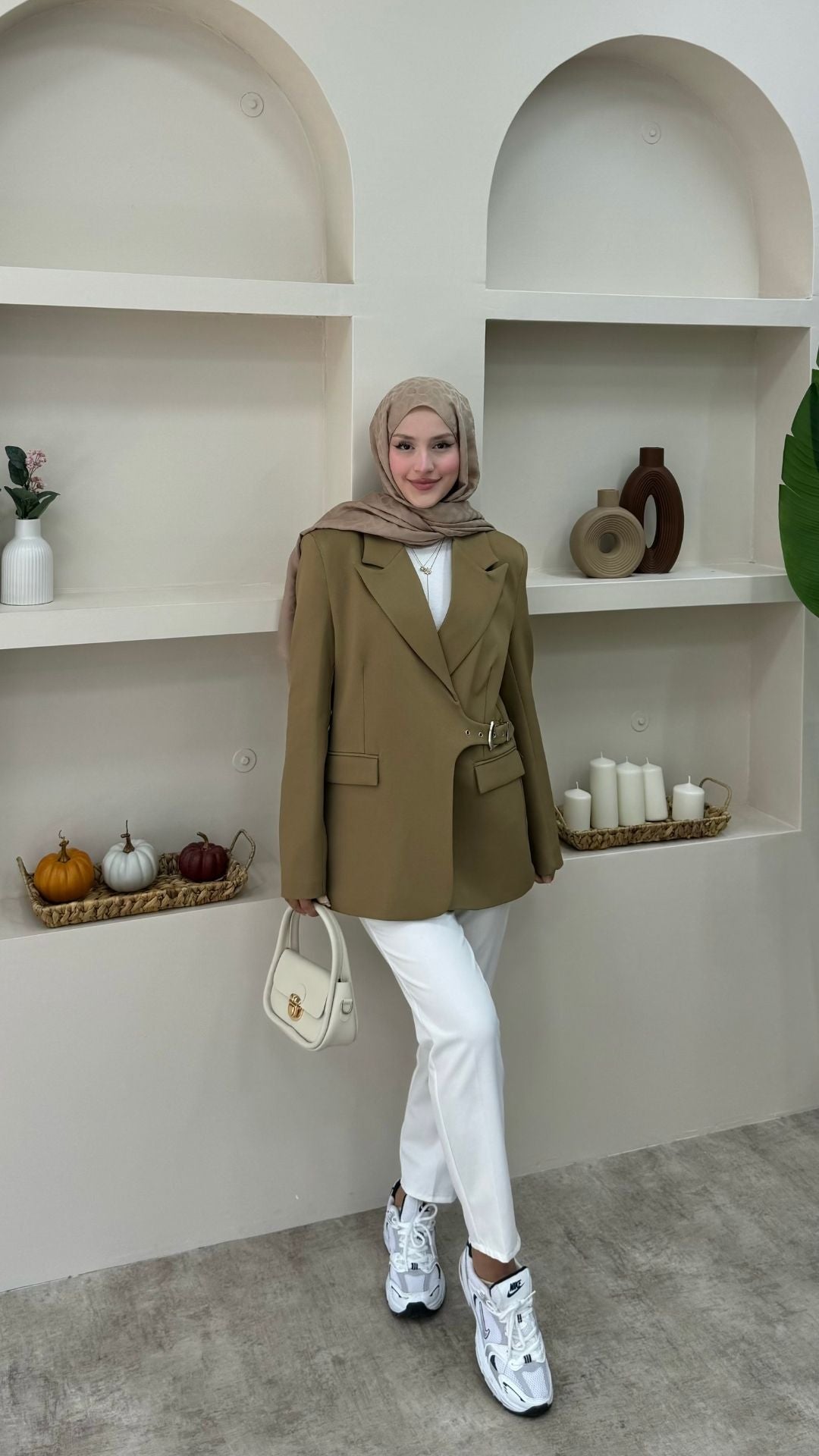 Yandan Kemer Detaylı Blazer Ceket Yağ Yeşili