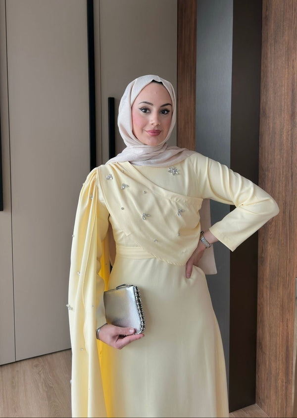 Linda Taş Detaylı Uzun Abiye Sarı