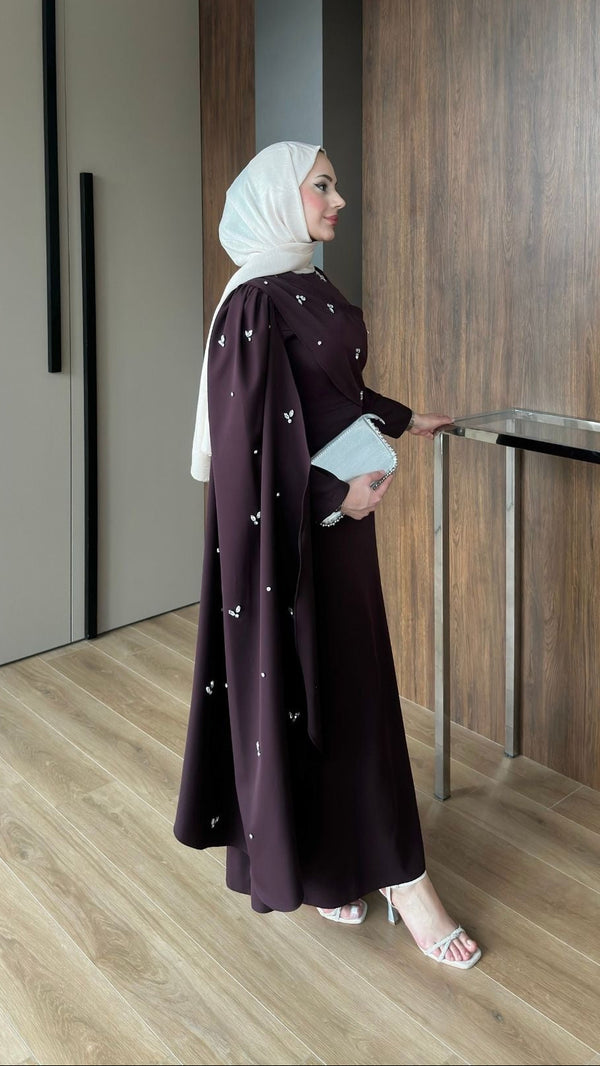 Linda Taş Detaylı Uzun Abiye Mürdüm