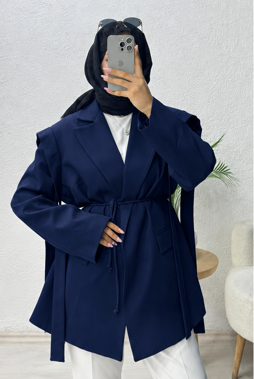Omuz Kuşaklı Blazer Ceket Lacivert