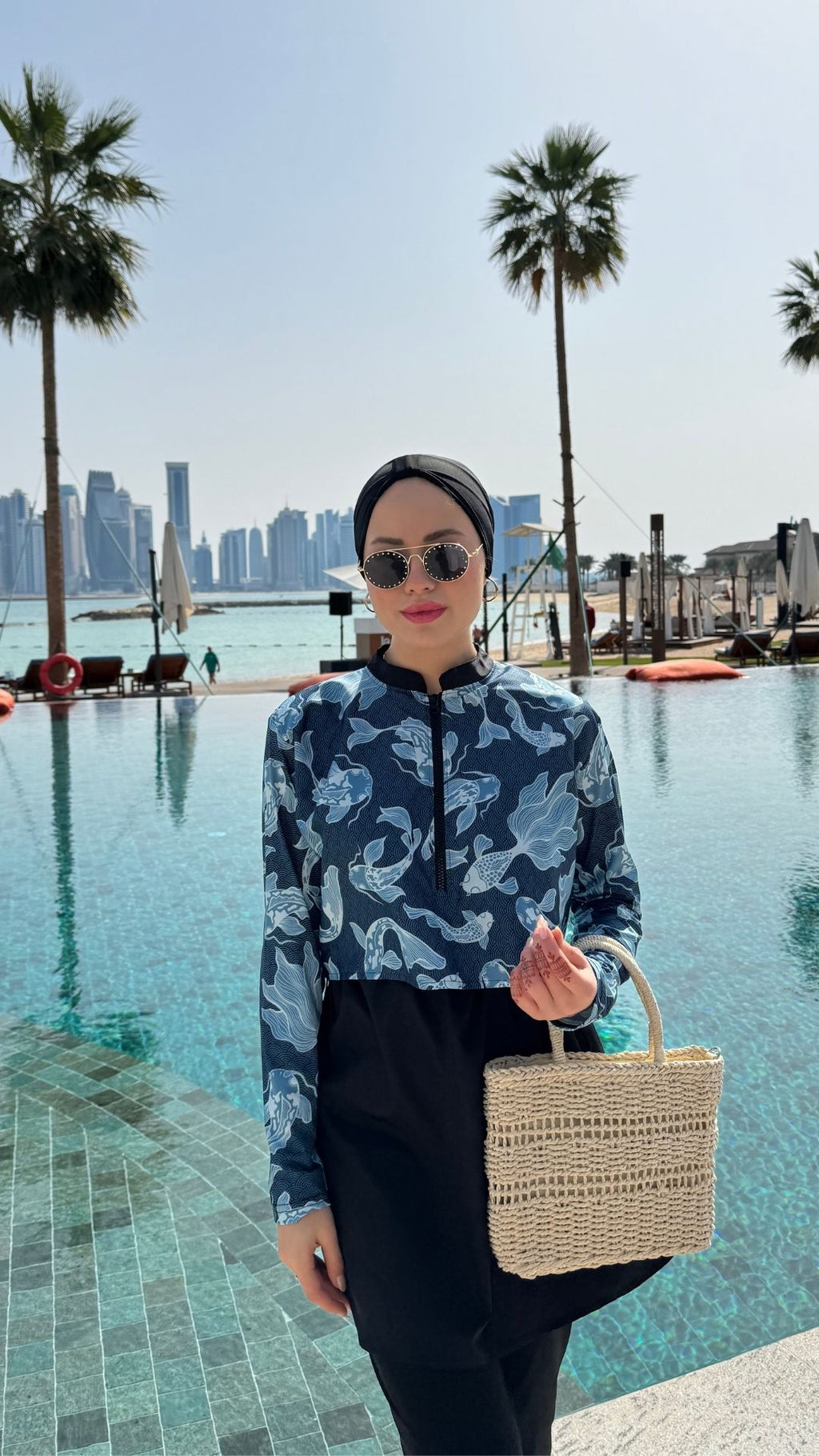 Yarım Dijital Baskılı Tesettür Mayo Renk - Siyah-Okyanus Desen 2