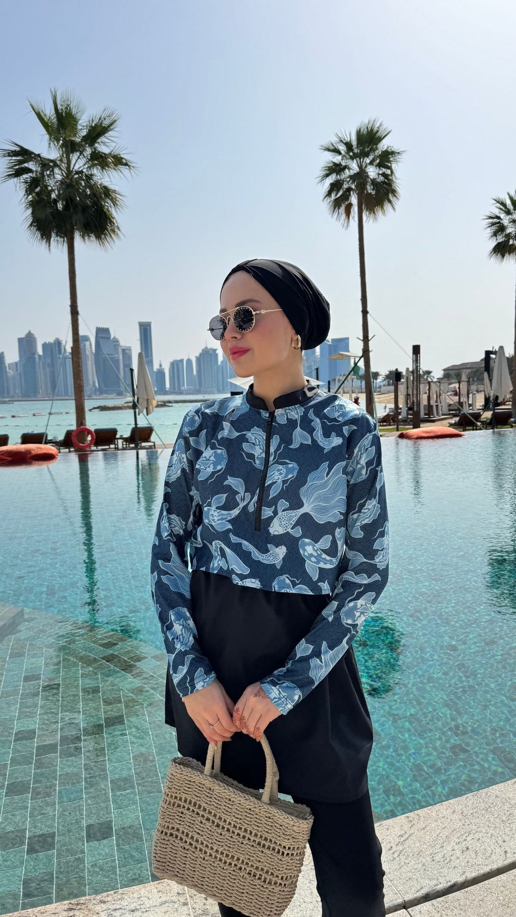 Yarım Dijital Baskılı Tesettür Mayo Renk - Siyah-Okyanus Desen 2