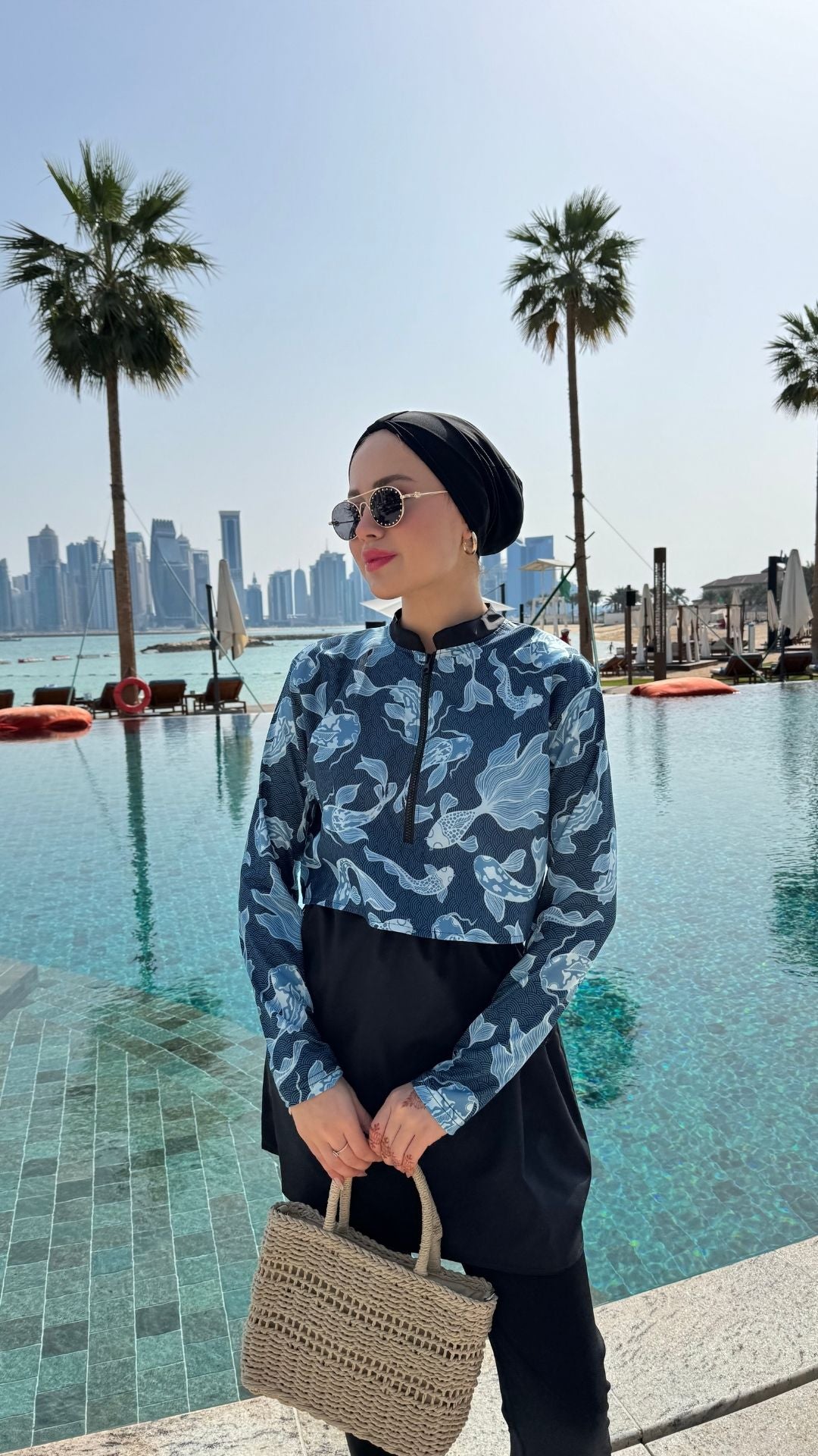 Yarım Dijital Baskılı Tesettür Mayo Renk - Siyah-Okyanus Desen 2