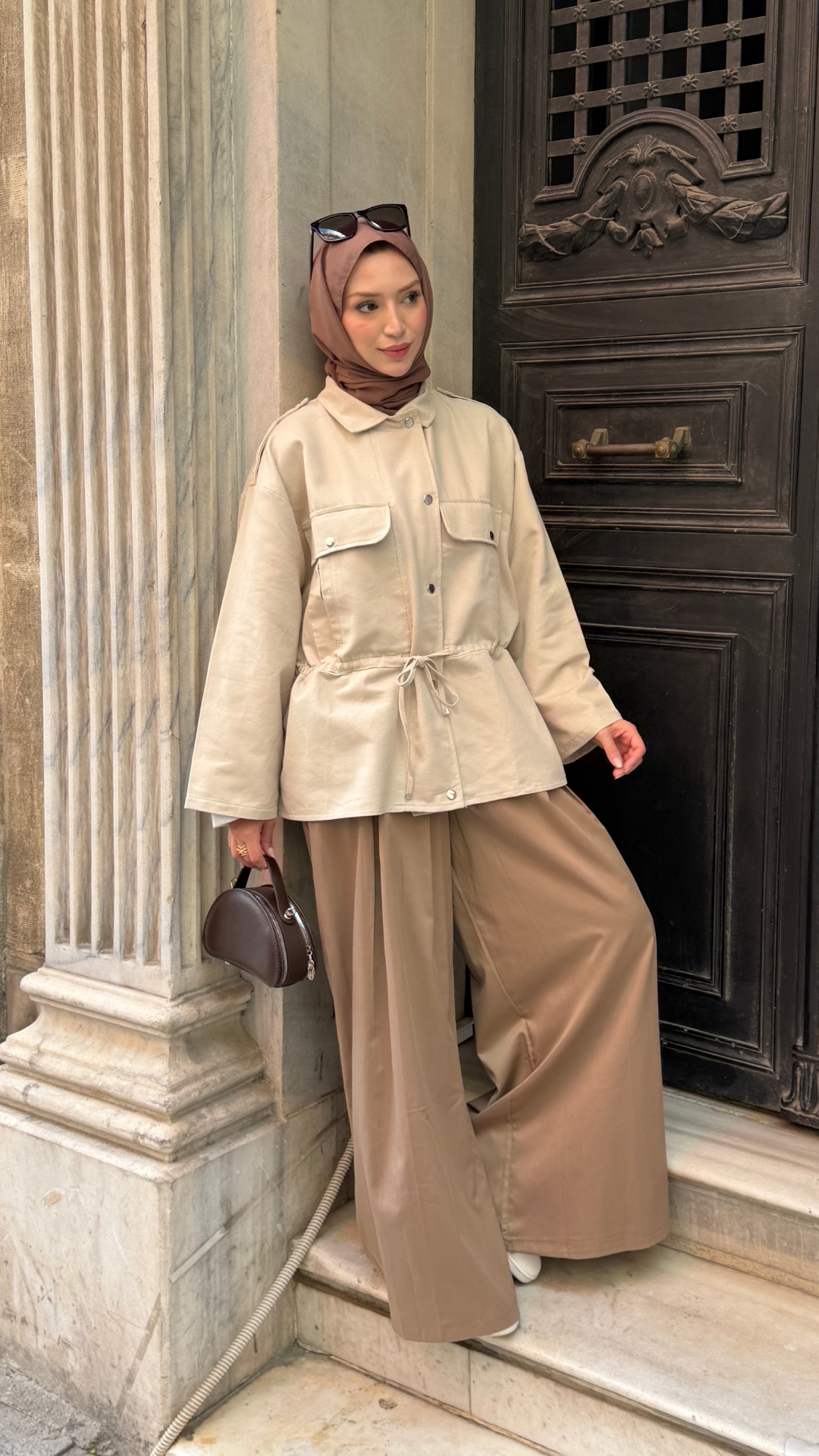 Gabardin Belden Bağlamalı Ceket Krem